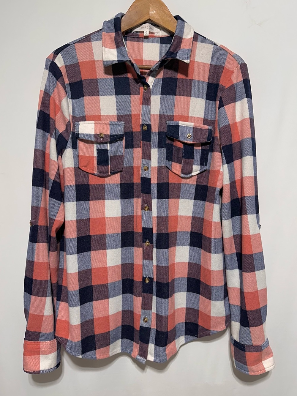 Eden & Olivia Coral Navy Plaid Roll Tab Sleeve Flannel Shirt L